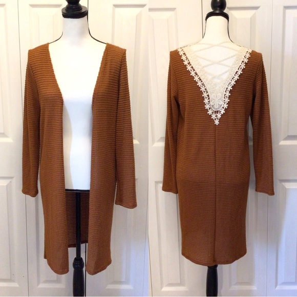 B Famous #USA Womens Long Brown Boho Crocheted Cardigan Sweater Choose Size - Picture 1 of 8
